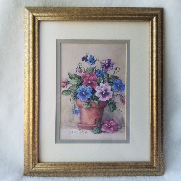 Barbara Mock Pansy Pot Floral Art Print Gold Framed Flowers Small Vintage - Picture 1 of 7